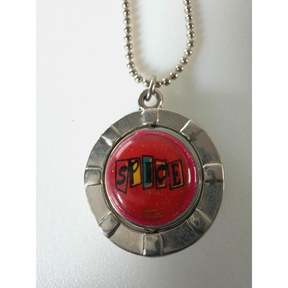 Vintage Spice Girls Flip 2 Sided SPICE Necklace Pendant Silver Tone Green & Red